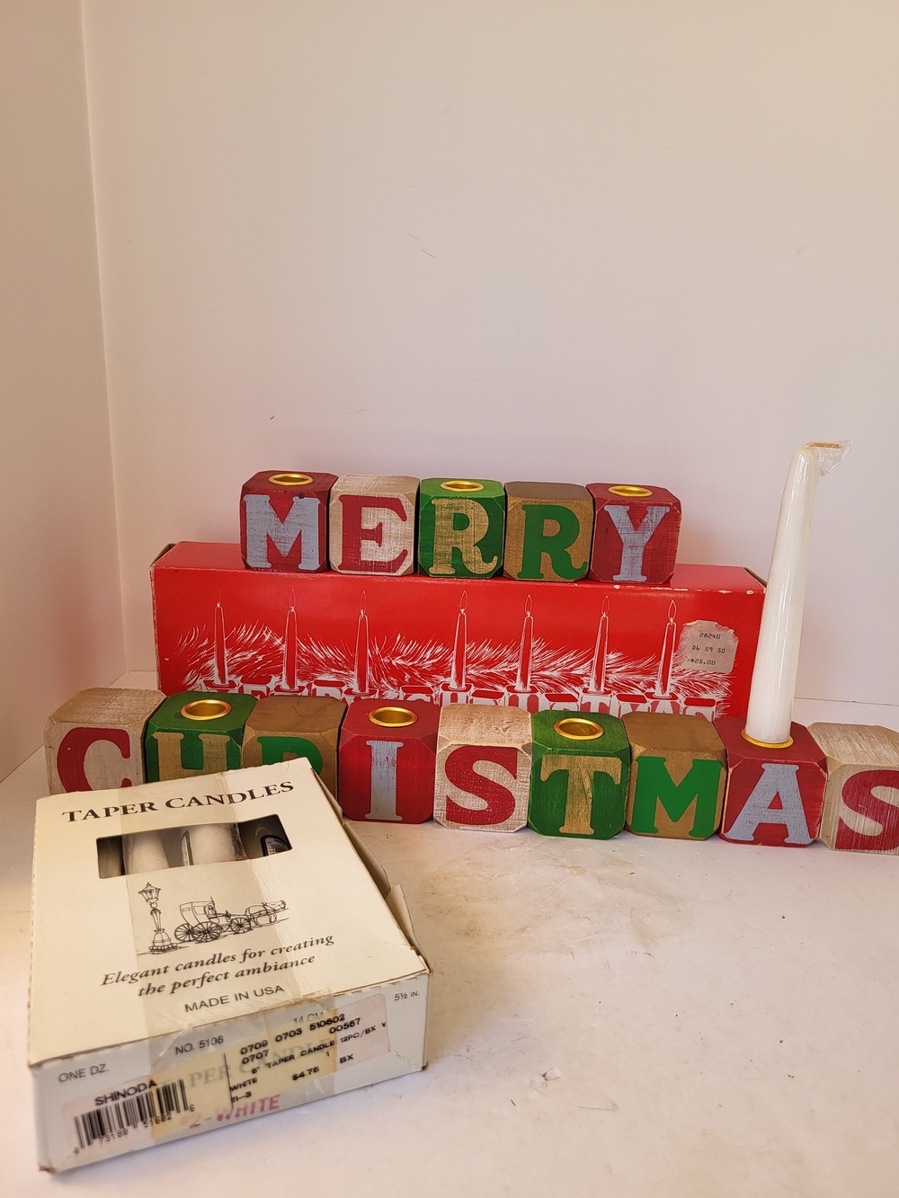 Vintage Merry Christmas Wood Block Candle Holder Set Colonial Candle